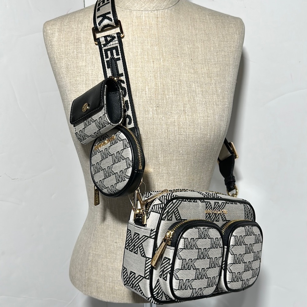 Michael Kors Jacquard Jet Set travel crossbody black tech pocket pouches multi